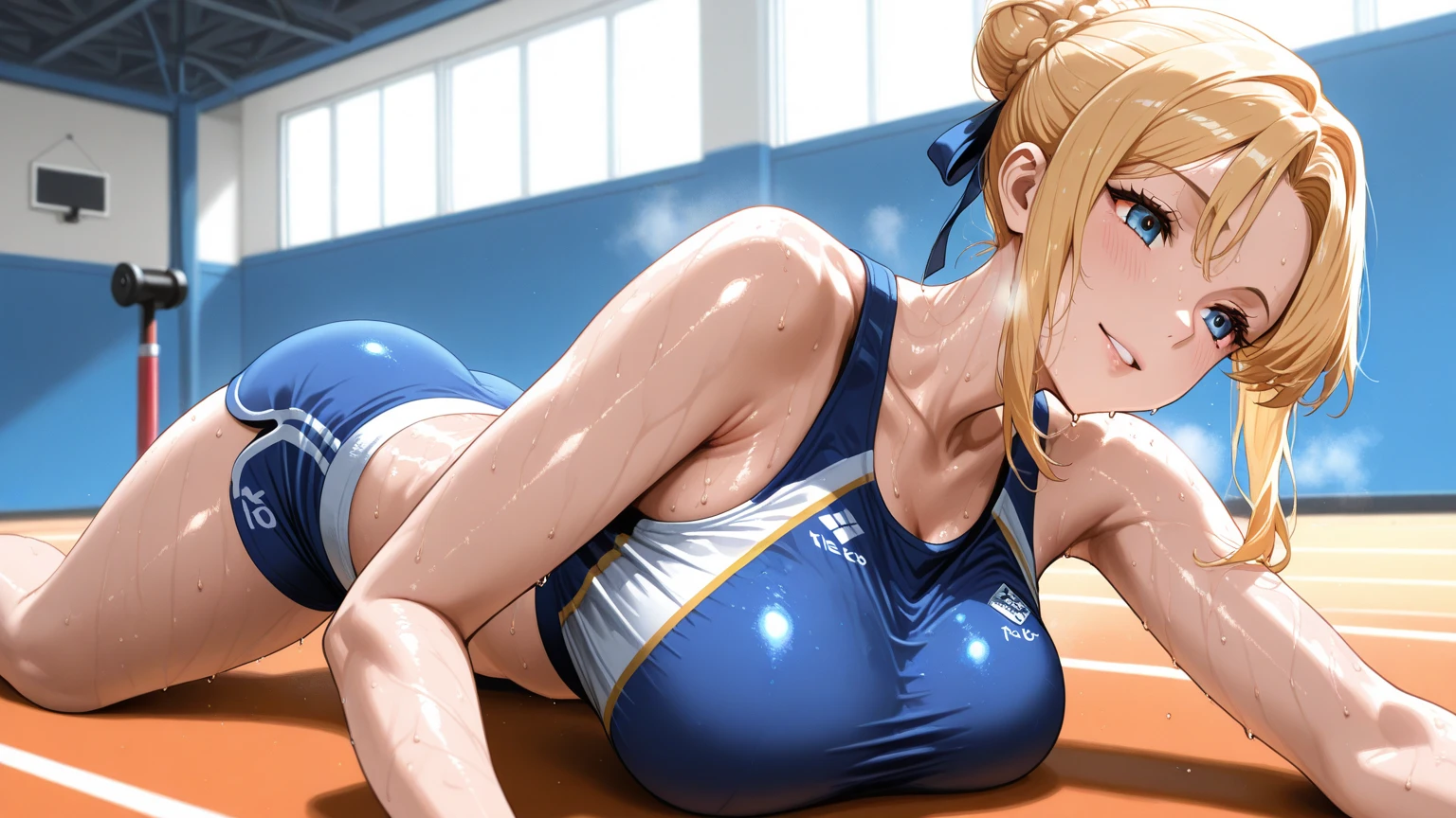 (track and field, Stadium:1.2), (rim lit), (Detailed face:1.1), 1girll, Solo, Smile, Captain Mizuki, one-punch man, A high resolution, Muscular female, Breasts, Orange hair, Sports bra, Upper body, High ponytail, Long hair, medal, Sweat, steams, steamed body, murata yuusuke, Big ass, Big breasts, big thighs, Super tight sporty, Nsfw, micro Thong, Lying down, lying on the floor,