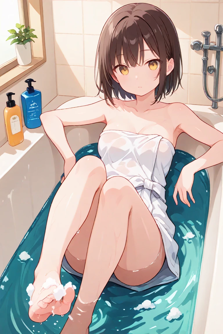 ((Small Breasts))、(after sex)(,lying in mat)、,nsfw,((Completely naked))、Highest quality、Very delicate and beautiful、young、Young face、((Very short bangs))、((Bangs))、Brown Hair、Light Hair Color、Short Bob、Young body type、Short stature、Cute like an idol、Yellow Eyes、Are thin、Slim figure、((The background is the gym storeroom.))、Open Mouth、Embarrassed face、Sweat,Shot from above、