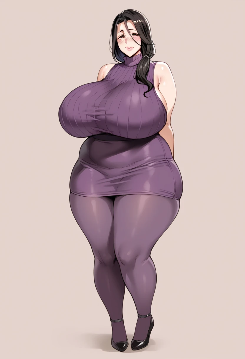 full body anatomy, best quality, high resolution, high quality, beautiful and perfect face, expressive eyes, detailed body, detailed legs, simple background, mature woman, toned, single focus, hands on hips, looking at viewer, long hair (huge breasts:1.4),saggy breasts,((wide hips)),((thighs)) thick: 1.3)), navel,huge ass,(swimsuit V:1.3), open jacket, jacket, purple jacket, naked jacket, long sleeves, open jacket,(pubic hair:1.2)