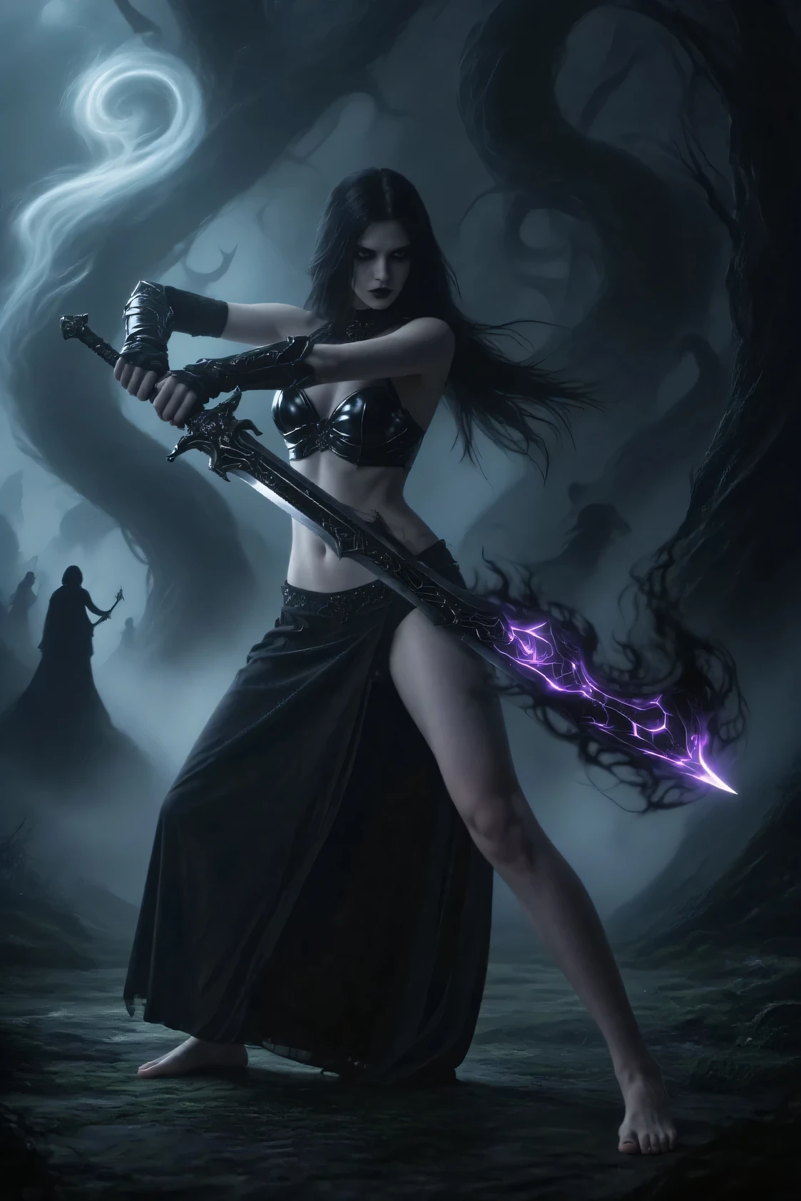 In a fantasy dungeon, a mysterious female silhouette, Herald of Chaos. Bright tattoos. Mystical power. Toga with dark slit. Sensual and dangerous. eroticism. tribal aesthetic. mystical color palette