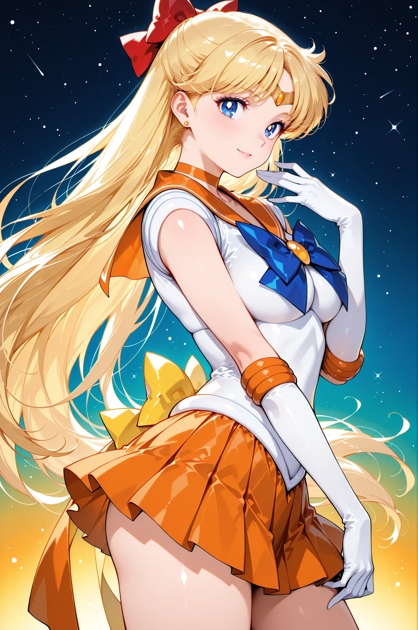 masterpiece, Highest quality, High resolution, Venus 1, One girl, alone, Sailor Warrior Uniforms, Sailor Venus, aino minako, Blonde, Magical girl, blue eyes, Orange Skirt, Elbow hand pockets, tiara, Pleated skirt, Hair Ribbon, Orange sailor collar, mini skirt, choker, Red Bow, orange choker, White gloves, Very long hair, jewelry, Earrings, Are standing, Crossing your legs,The background is the school infirmary,smile