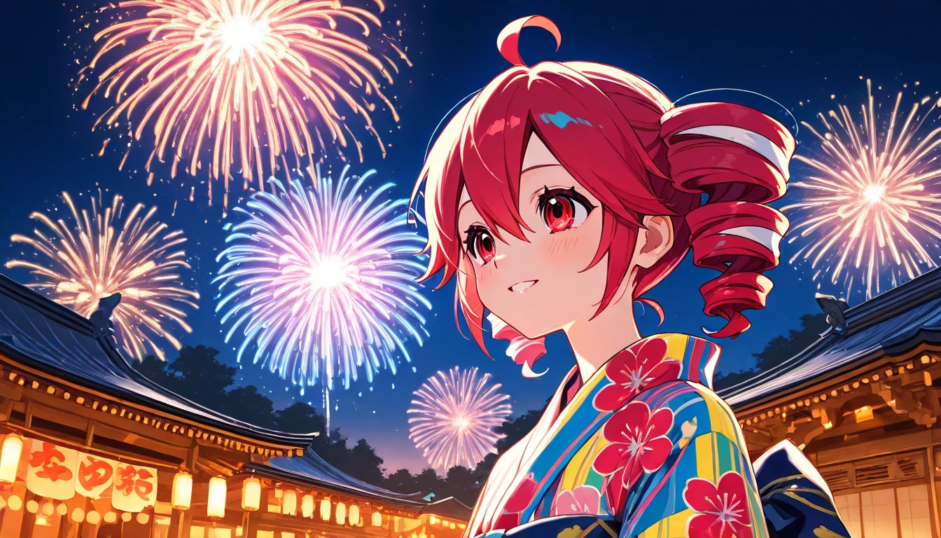 "anime girl, 1 person, red hair, shoulder length hair, dark red eyes, wearing flower hairpin, female kimono, red kimono with gold border pattern, , long stockings, blushing smile, standing still  cross-legged,chibi,full body, solo, view from different angles, festival, New Year's Eve fireworks, fireworks viewing, night (full HD 4K+ image)"