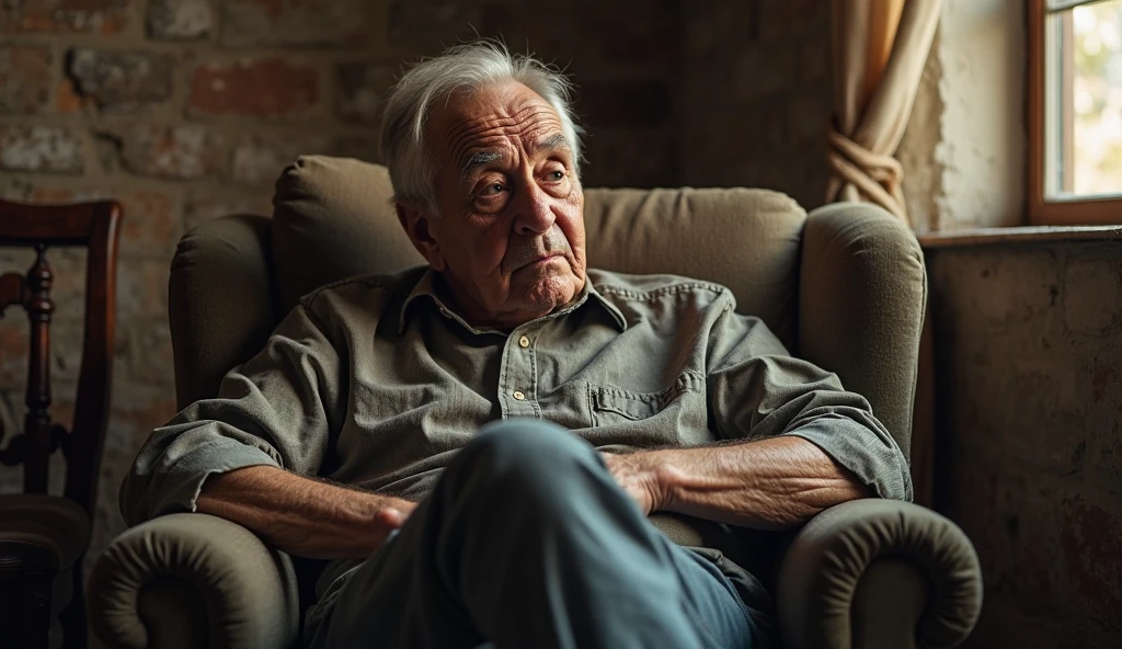 lonely old man, sitting in a chair alone, Grieving, dramatic image, 