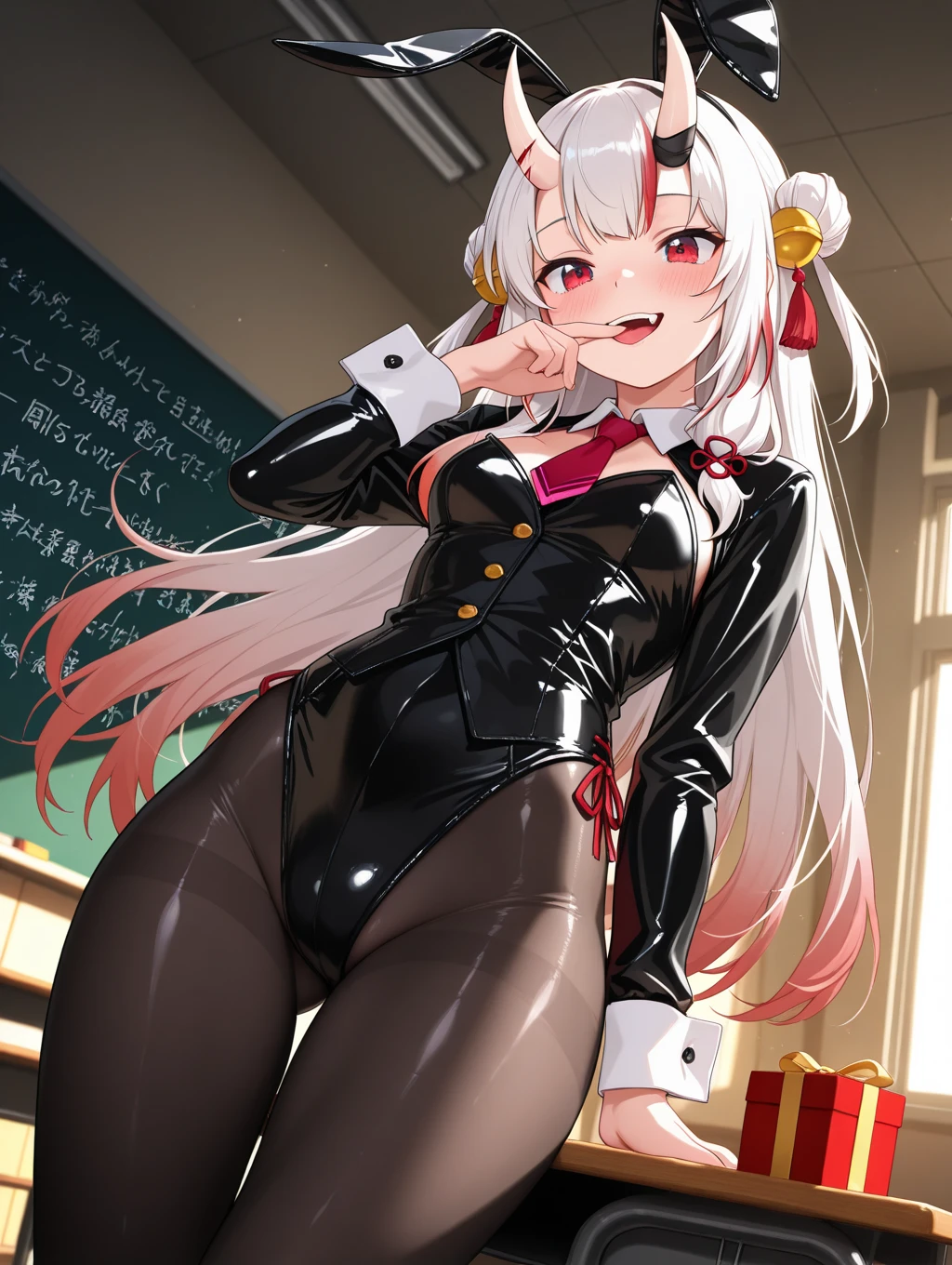 Swim suit outfit, with black demon horns, seductive pose, seductive smile , red eyes, in classroom, mind control by succubus