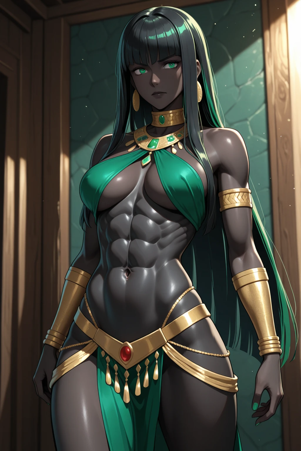 masterpiece, best quality, <lora:thesilent-nvwls-v1-000010:1> thesilent, dark skin, skull, green cloak, bandages, midriff, bandaged legs, upper body, large breasts, looking at viewer, chiaroscuro, stone walls, dungeon, serious