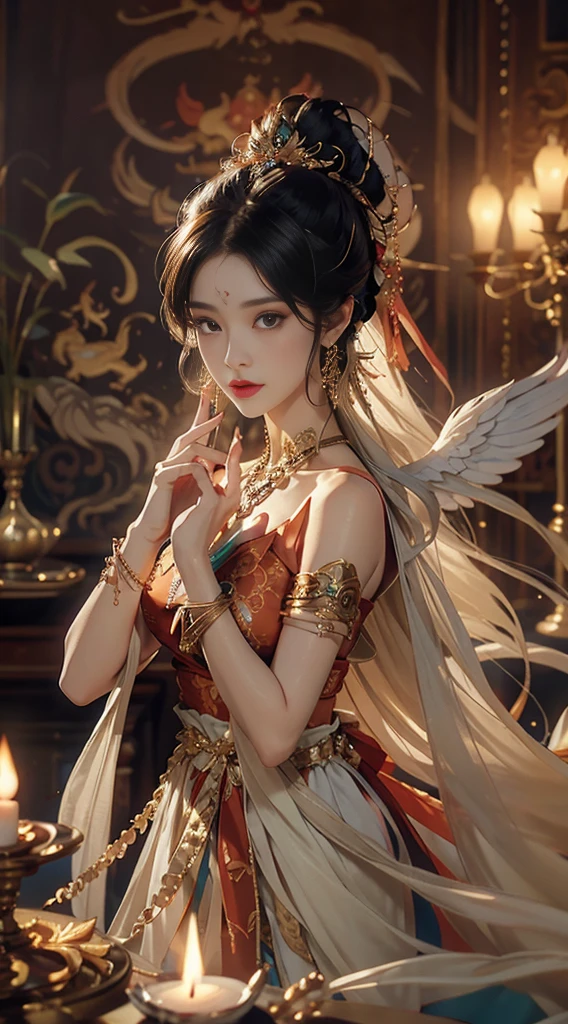 best qualtiy,tmasterpiece,Ultra-detailed high resolution,(Photorealsitic:1.4),RAW photogr,,illustratio, Chinese woman in red dress, Beautiful fox queen, Eyes look at the audience,Three huge white fox tails are raised high,Big red dress,Princesa chinesa antiga, chinese empress, ancient chinese beauti, ((Beautiful fantasy queen with three fox tails)), Chinese fantasy, xianxia fantasy, Beautiful rendering of the Tang Dynasty, Chinese style, an ancient Chinese goddess, palace , A girl in a big red Chinese dress,fully body photo(Solo exhibition:1.2),(cowboy lens:1.2),(Hair crown:1.2),Ancient traditional costumes, China,Red shoulder straps,(Red eyeliner:1.2),(:1.4),耳Nipple Ring,Dynamic Angle,opera house,Messy_Long_Hair,ink,电影灯光,lens_flare,velvet,chrysanthemums,nipple tassels,Ribbons,color embroidery,