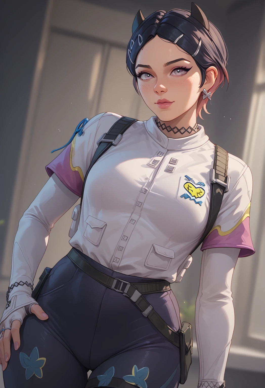 (masterpiece, ultra high resolution, Maximum detail), beautiful girl, Pioneer, pioneer uniform, pioneer skirt,tie and shirt, Girl hairstyle two pigtails , green eyes, Lilac hair,sitting on a bench in a pioneer camp