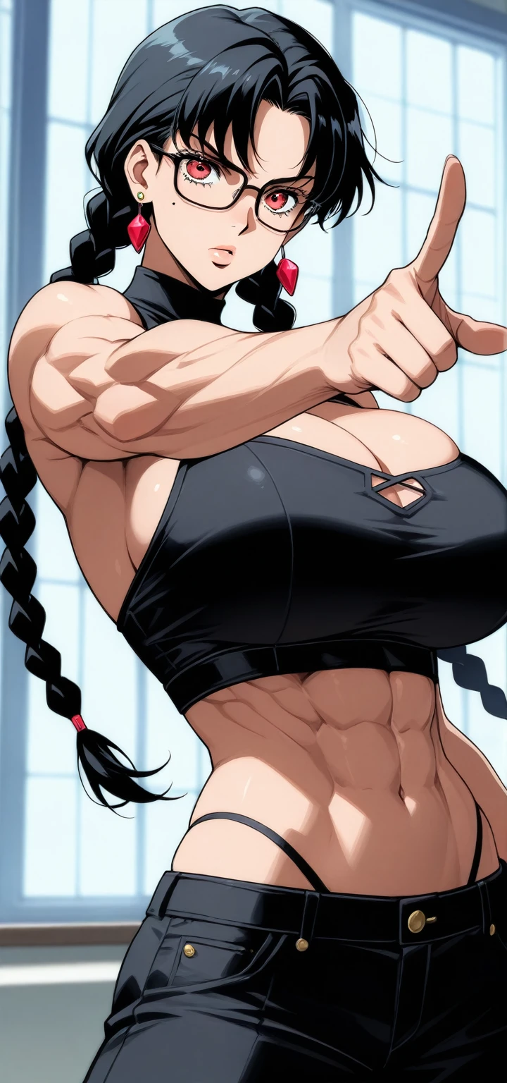 muscular woman massive breasts ((disdain disgusted annoyed disappointed)) pale skin black hair yellow eyes
