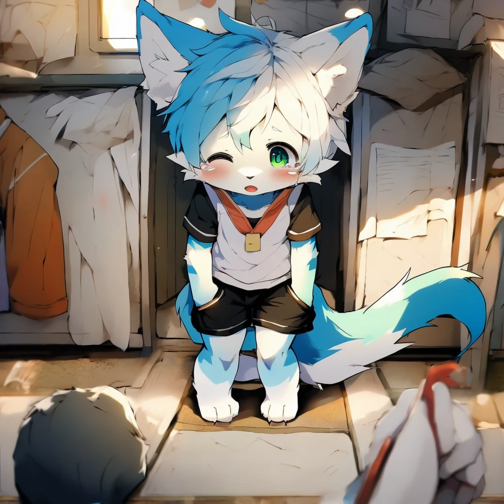 (ambiente dark:0.8),Masterpiece,High quality,abstract res,Digital painting\(artwork of a\), by Dagasi, Yupa,Kiyosan,(Anthrax fur,Character focus:1.1),anthro male cat,Short hair,Portrait , eyes with brightness, in a panoramic view, Character focus.(detailedbackground:0.7), 独奏, shaggy, shaggy male, malefocus, anthr,(Full Body Furry, Fluffy tail, Blue fur, Green eyes, Blue hair:1.2), (long canines、cloaks:1.2) --auto