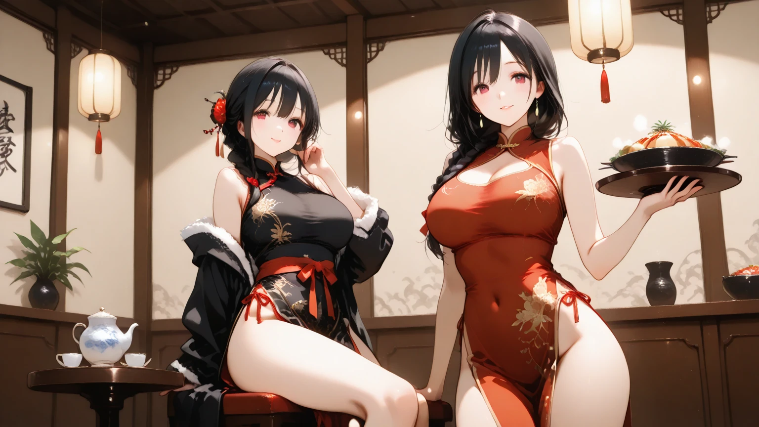 Draw a female character:
- Long hair down to waist,Smooth and radiant - Delicate complexion,The eyes are affectionate,As if exuding a hint of charm - Small cherry lips with charming color - Skin as white as snow,Smooth and delicate - beautiful clavicle lines,Light and curvy - beautiful body curves,Full breasts,Slim waist,Curvy front and back - black hair,Eyes are red - Wearing a beautiful kimono,Kimono patterns are complex and gorgeous,satin texture,Soft colors,Adds a touch of elegance