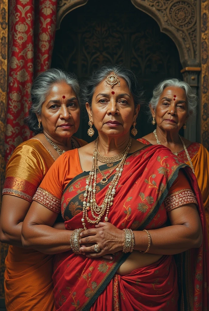 a group of Indian old women wearing sarees having beard and moustache