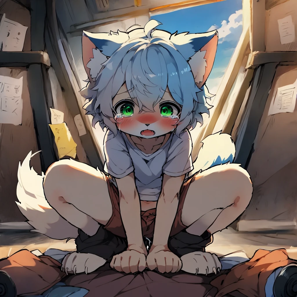 Masterpiece, high quality, absurd resolution, digital painting \ (artwork \), by dagasi, yupa, kiyosan, (fluffy fur, yellow and white fur, full body fur, blue hair, yellow ears, yellow-blue tail, yellow thighs, orange feet, shyness), human male fox. Blue eyes, bright eyes, character focus. (shorts), (fox), cycling