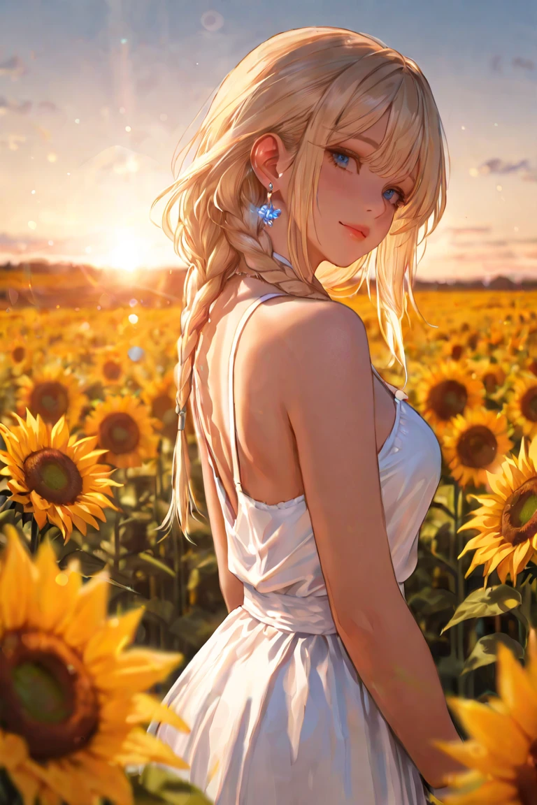(beste-Qualit、8K、32K、masterpiece、kfk:1.3)、(a photorealistic:1.4)、Detailed skin、Photo of Pretty Japanese woman, is standing、Sleeveless white summer dress, Sun glare,depth of fields,blurry backround,lensflare,Sunflower background、blue-sky
