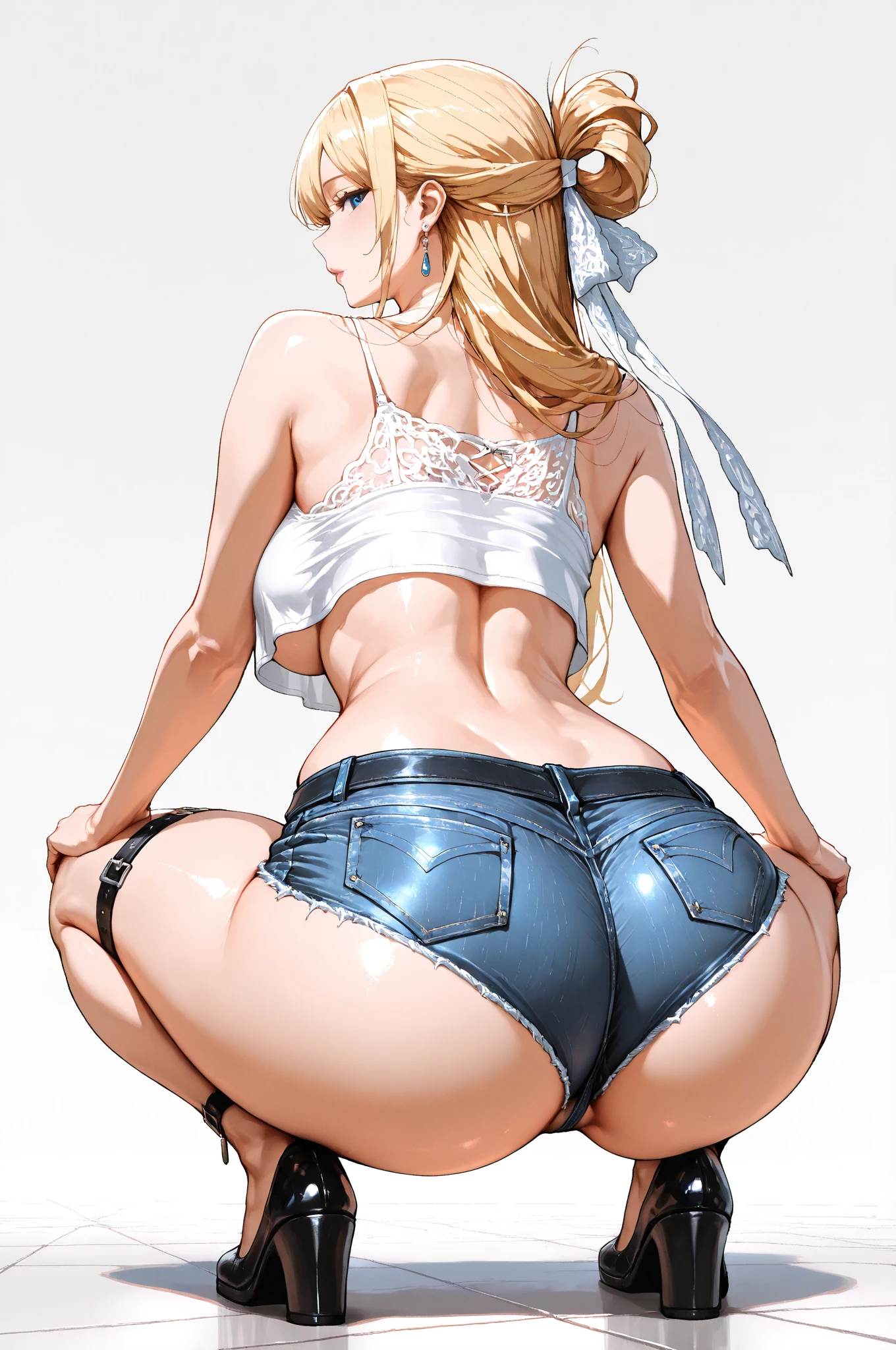 mixed_artwork style, 1 girl, standing alone, hands, beautiful woman, thick, Asian, thick, short white blouse tied, short shorts, ptinta eyes, white hair ptinta locks, twin tails, realistic, textures, 8K, perfect hand, perfect ???????, visible curves, score_7_up, score_6_up,  implied ????????, 1girl, 1boy, hetero, ass, from behind, on knees,  
