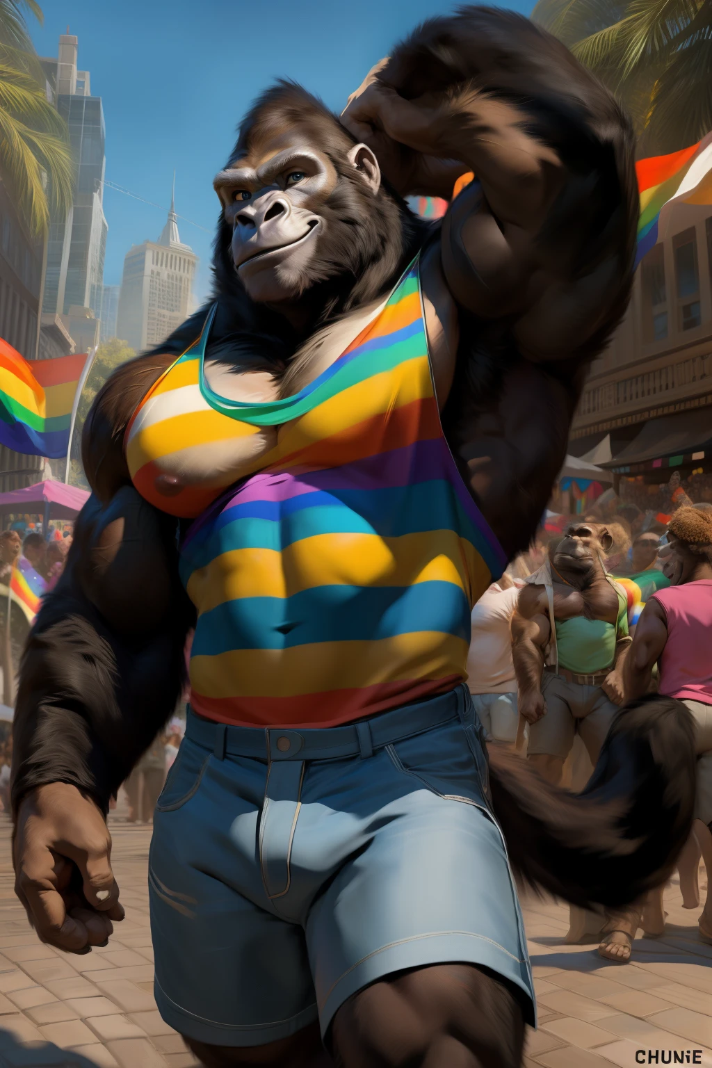 ((By Zaush)), ((By Chunie)), ((By Darkgem)), handsome, sexy, hot, muscular male anthro furry, ((Gorilla)), celebrating at a pride day festival in the city. Male, furry, Gorilla, primate, muscular, muscular male, masculine, muscles, beak, abs, pecs, biceps, clothing, wearing clothes, wearing a muscle shirt, muscle shirt, men muscle shirt, shorts, topless, bottomwear, smiling, smiling at viewers, looking at viewers, detailed, detailed lighting, detailed shading, detailed fur, realistic, realistic fur, detailed eyes, nice eyes, perfect eyes, outside, outdoors, city, vibrant, celebration, having fun, pride month, ((pride)), gay, LGBTQ, pride festival, pride flag, crowd, sexy male, sexy body, hot male, hot body, bara, big male, beefy male, beefy body, big muscles, big pecs, big biceps, naval, v-body shape, nice smile, nice muscles, nice pecs, nice abs, nice face, charming, sunny, daylight, full body, focus, rainbow flag, rainbow clothes, gay, shirtless.