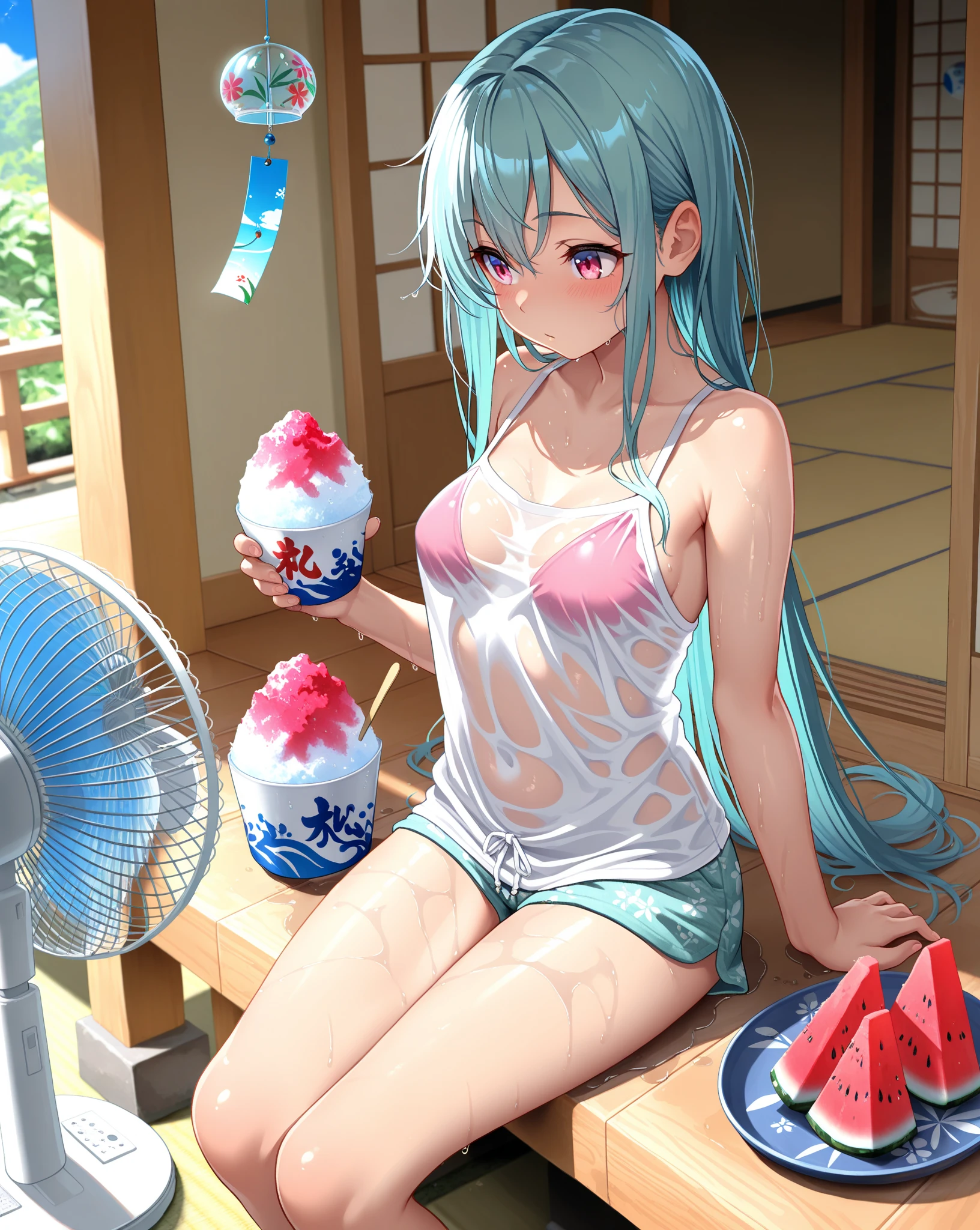 Girl with light blue hair in twin tails、Deformed、SD Character、Camisole and shorts、I'm eating popsicle
Japan Room、traditional Japanese room、electric fan、Outside the sea