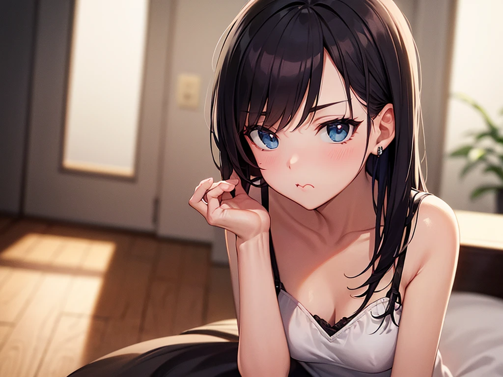 {{beautiful}}, amazing, (best quality:1.5), (masterpiece:1.5), extremely delicate and beautiful, intricate details, finely detailed, extremely detailed, beautifully detailed, ultra-detailed, (hyperdetailed:1.5), high resolution, (illustration), watercolor pencil, Clear line drawing, (ufotable style:1.1), (ufotable screen cap:1.1), anime coloring, anime screencap, (latest picture), backlighting, dynamic angle, glow, depth of field, {{body satisfaction}}, (body with a good balance of style:1.5), (slender figure:1.5), perfect body, perfect hands, perfect feet, (two arms:1.2), (two legs:1.2), (five fingers each:1.2), (perfect joint:1.2), perfect joint movement, beautiful detailed eyes, (detailed eyes:1.5), finely detailed eyes, perfect anatomy, full dissection, perfect composition, correct limbs, balance and coordination in all things, realistic:0.5, precise fingers and hands, (finely drawn hair:1.5), {{cool girl}}, (black hair:1.3), (semi-long hair:1.3), (straight hair:1.3), bangs, (cyan eyes:1.3), (medium breasts:1.3), (small-sized buttocks:1.3), {{white short-sleeved T-shirt}}, (plain patterned clothes), (white short-sleeved T-shirt:1.5), (taking out a hem:1.2), (white panties:1.5), bare arms, bare legs,