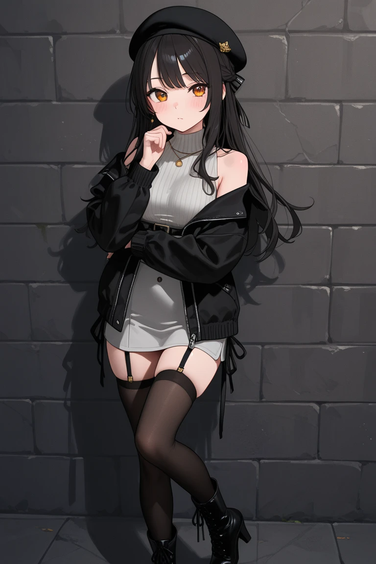 ((masterpiece, best quality)), ((1girl)), (white crop top), ((black open hoodie)), ((black short jeans)), (fishnets), (black military boots), ((dark brown long straight hair)), brown cat ears, serious, black eyes, rosy cheeks, (black choker with spikes), (black gothic beanie), dynamic angle, city background