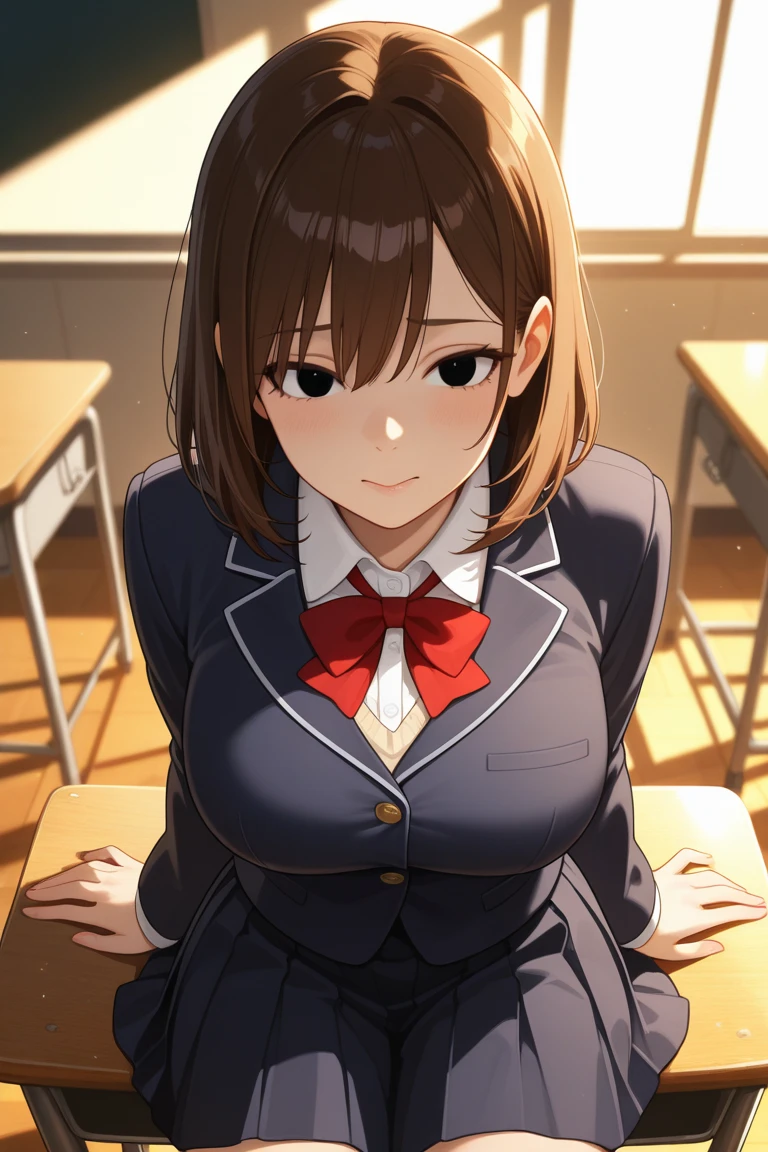 at the school,
sitting at attention,sitting on a chair,
brown_jacket,White collared shirt, Green_pleated_skirt,school uniform, red ribbon,
kouhaichan, hair ornament, hairclip, mole, mole under eye, short hair, brown hair, blue eyes,
1 girl, 20yo,young female,Beautiful Finger,Beautiful long legs,Beautiful body,Beautiful Nose,Beautiful character design, perfect eyes, perfect face,
looking at viewer,light_Smile,seductive anime girl.teasing smile,
NSFW,official art,extremely detailed CG unity 8k wallpaper, perfect lighting,Colorful, Bright_Front_face_Lighting,
(masterpiece:1.0),(best_quality:1.0), ultra high res,4K,ultra-detailed,
photography, 8K, HDR, highres, absurdres:1.2, Kodak portra 400, film grain, blurry background, bokeh:1.2, lens flare, (vibrant_color:1.2)
(Beautiful,Large_Breasts:1.4), (beautiful_face:1.5),(narrow_waist),(perfect hands, perfect anatomy)