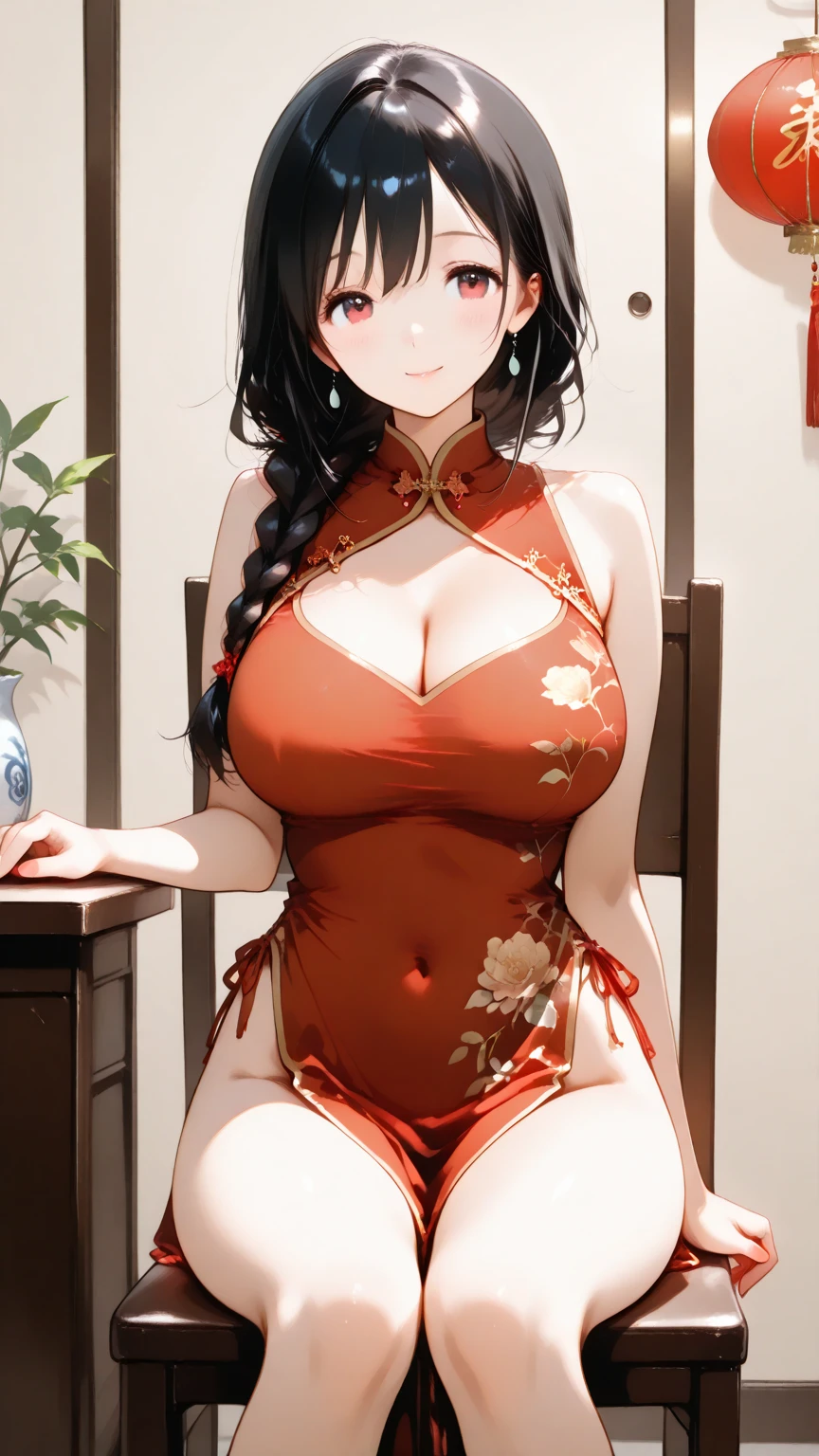 (Realistic:1.3), (photoRealistic:1.2), (highest quality), (Detailed skin:1.3), (Intricate details), 1 woman, 19 years old, Detailed skin texture, (blush:0.6), Scattered beneath the surface, smile, Black Hair, Straight Hair, medium Long Hair, Calm hair, bangs, Hair between the eyes, Hair volume is low, Sparkling blue eyes, Lens Eye, Light reflection in the eyes, Symmetrical eyes, looking at the camera, hair ornaments, Wearing Chinese Dress, Skirt with a slit, a Side slits, ((Red long Chinese Dress)), the dress has no sleeves, pink panty, flower print dress, Clothes that open at the chest, she has two legs, Two arms, Five fingers, Two joints in the fingers, barefoot, angle from front, Crotch open posture, ((Show me her vagina)), (pussy), (Sitting on the stairs), ((Do not hide the crotch)), ((she spread her legs very wide)), slim legs, (pink g-string panty), Clothes and panties are separated, Light source is above, ((Massage her boobs)), ((wide Upper breast)), Open-chested dress, ((Grasp her tits), cleavage of chest, (((Lift her by her hands))), wink