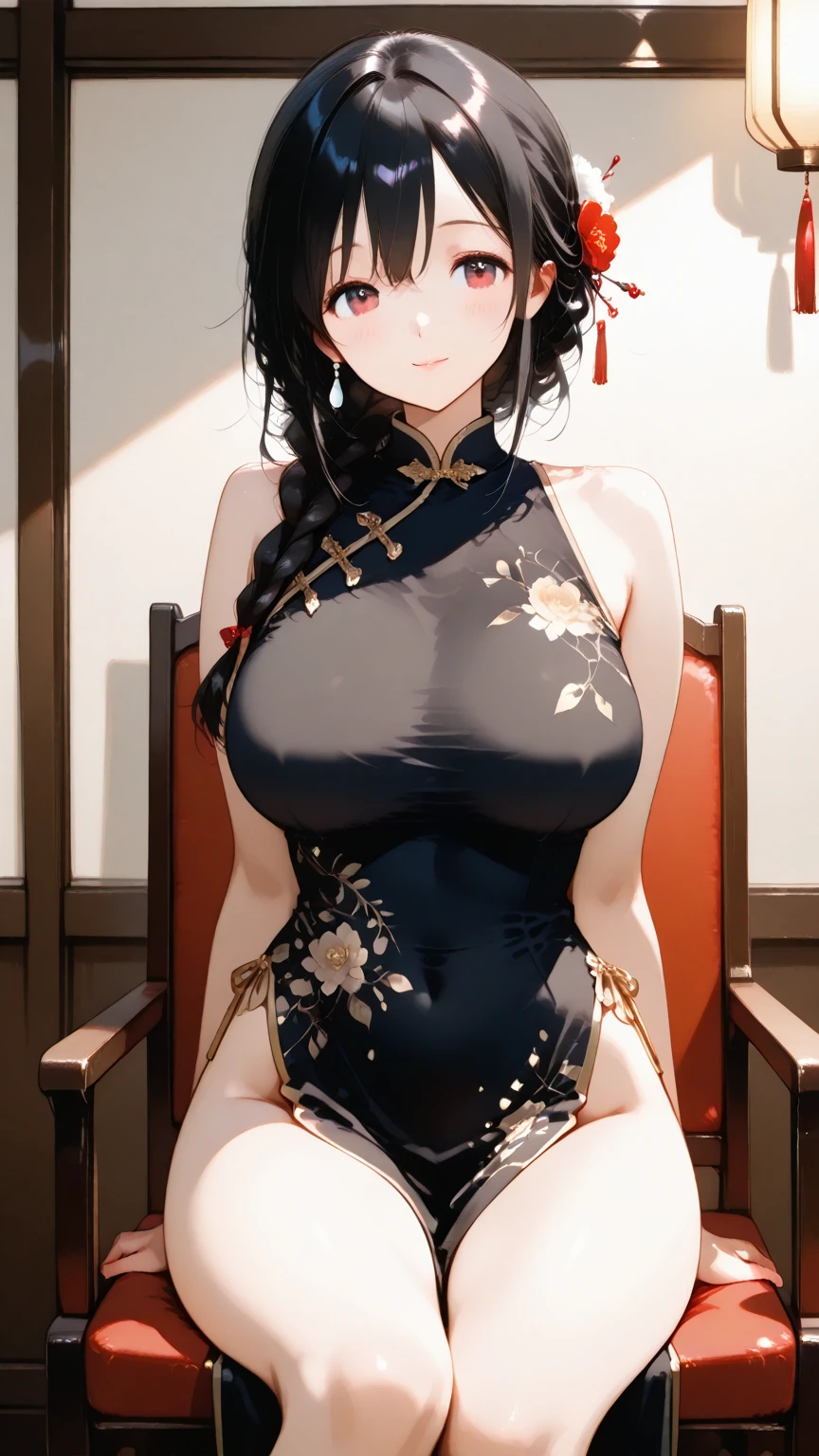 yor briar, 1girl, bare shoulders, black dress, black hair, breasts, closed mouth, dress, earrings, flower, hair flower, hair ornament, hairband, jewelry, medium breasts, long hair, looking at viewer, red eyes, sidelocks, sleeveless, solo, upper body, in room background, ((masterpiece))