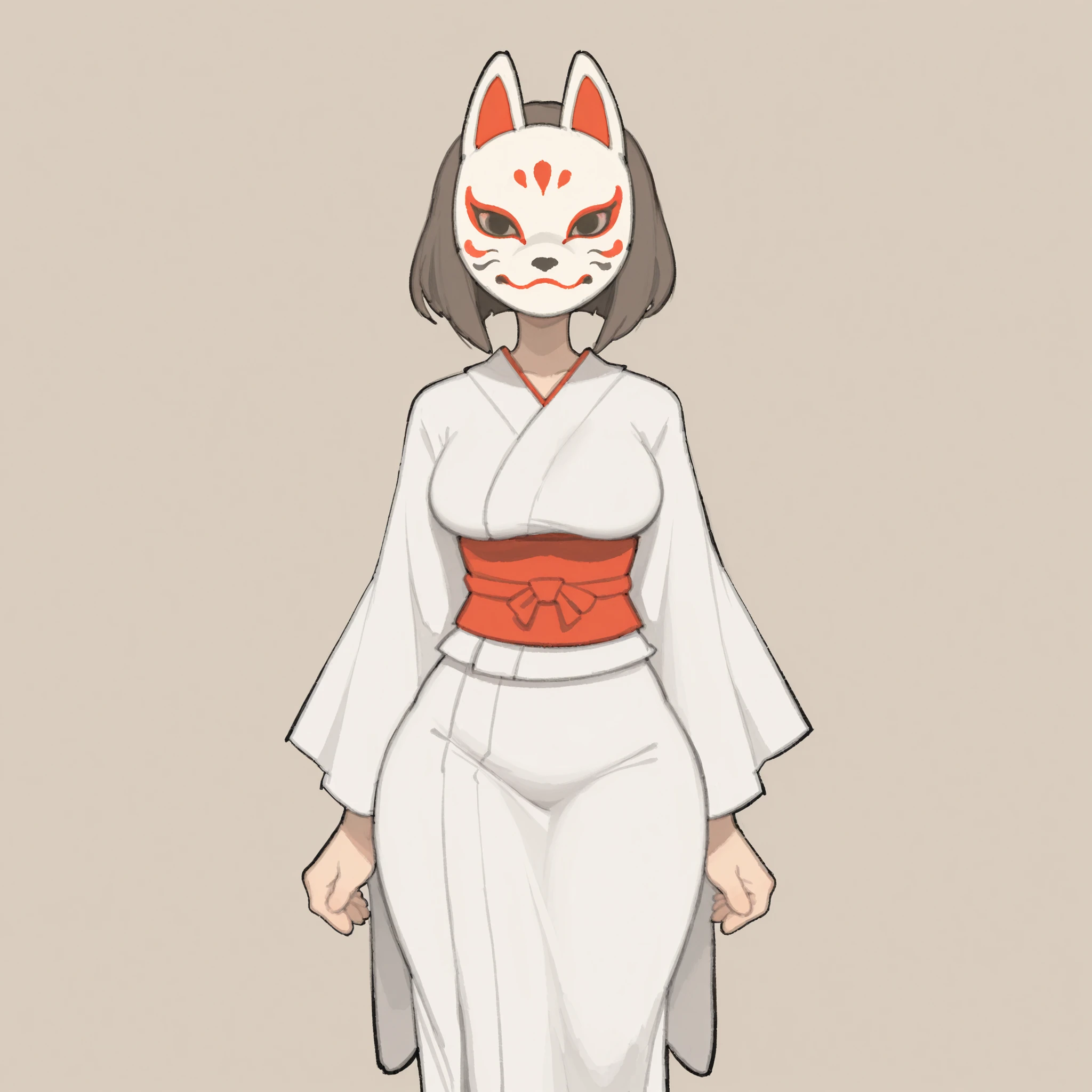 masterpiece, ultra-HD, impressionism, high detail, best quality, very aesthetic, 8k, best quality, beautiful, tmchng, 1girl, solo, short brown hair, bob cut, white fox mask, covered face, medium breasts, narrow waist, wide hips, thick thighs, slim, white kimono, red obi, long sleeves, cute, standing, looking at viewer, simple background, from the front view