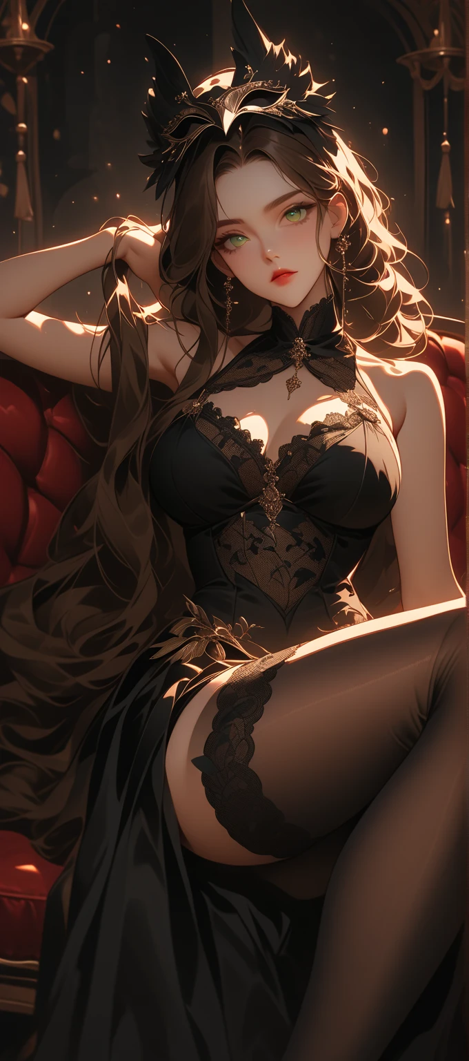 (obra maestra) (La mejor calidad) Una hermosa mujer pelirroja con cabello muy largo que fluye por su espalda, con un impresionante vestido de fiesta negro con escote en V. Ella lleva un par de pendientes de diamantes, un collar de oro fino y varios anillos en sus dedos. Ella lleva tacones altos de un rojo intenso. She is leaving her large mansion to go to an event. vendimia, vendimia, glamour (big breats)