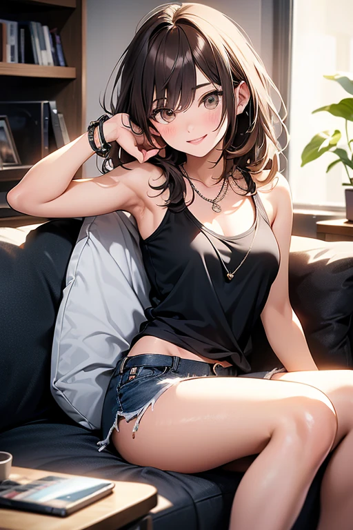 highest quality、Elementary school student bra、Beige shorts、Cool look、Stretching your legs in your room、Armpit sweat、Grass、??????? face,(glamorous figure)， (2 girls),(twins)， (Highly detailed face, smile) ,, (Japanese Girls), Slightly round face, (Tan brown face:1.6), cute, Big eyes、2D，highest quality，(masterpiece)，(((The whole body is reflected)))，(((Full Body)))，Semi-long hair that reaches to the shoulders，((bronze hair))，((beach waves))，healthy dark skin，((denim hot pants))，「cheap」A pink tank top with the words，Shiny bare legs，barefoot，beautiful brown eyes，Attractive thigheaty ass，Sloppy body shape，Bedroom，Get drunk，Upward glance，cheeks are bright red，あざでcute，Sexy as hell，Erotic look，Large drops of sweat all over the body，It&#39;s stuffy，sleep with your legs stretched out、My Room
