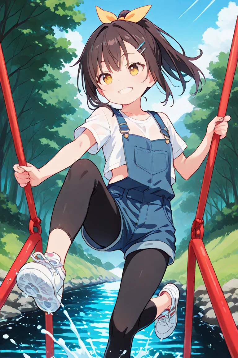 1 girl, solo, very young, with black short hair and orange eyes, white shirt and black shorts, very angry, disgusted, playing in a sandbox on the playground, shot from below, looking at viewer, sandals, one sanal above viewer, standing on one leg, about to step on viewer, focus on feet,