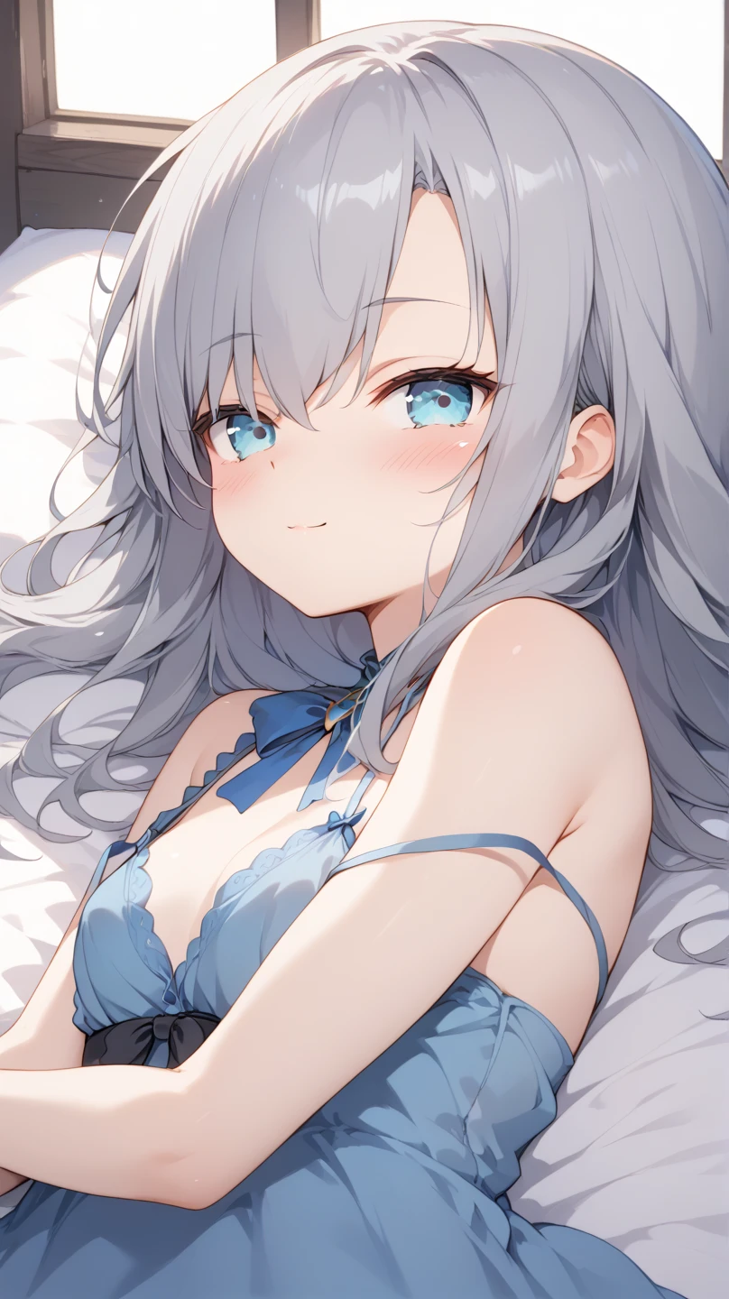 Yukino, in bed, silver hair and blue eyes, light shirt and no bra, anime visual of a cute girl, screenshot from the anime film, & her expression is solemn, in the anime film, in an anime, anime visual of a young woman, she has a cute expressive face, still from anime, big breast, red cheek, lustful face, fair skin
