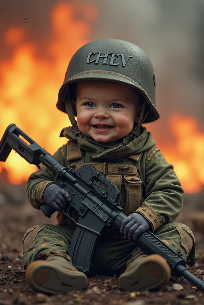 Baby in Marine uniform with helmet and medic badge on shoulder defending in defensive position in realistic full body style