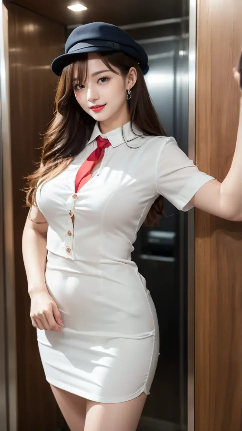((Realistic photo, Best quality, 8K, Masterpiece: 1.3)), (raw photo:1.2), Hyperrealist portrait gorgeous Beautiful Chinese girl, 16 years old, Perfect Figure, pretty body, (beautiful flat breasts: 1.2), very detailed eyes and face, (lustfully naughty face, crimson red lip, heavy makeup: 1.3, blushing), beautiful detailed eyes, seductive sharp eyes, (charming smile: 1.4), white skin, photo realistic, very detailed face, ((white shirt, black pencil skirt)), (long legs: 1.2, beautiful long nails), loose curls hairstyle, ((standing pose)), (modern office room background)