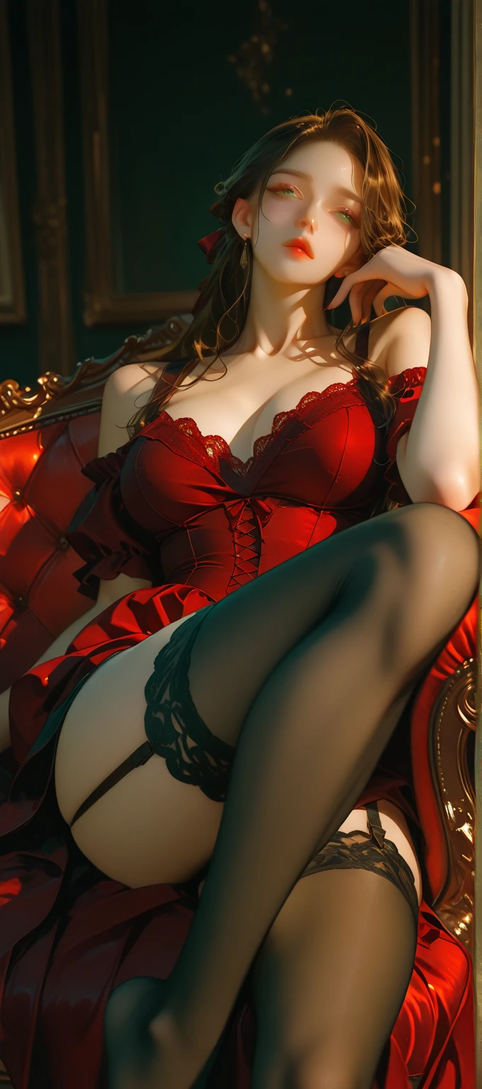 (Best quality,4K,A high resolution,Masterpiece:1.2),Ultra-detailed,Realistic,The picture shows a young woman in a red lace lingerie set. She is sitting on a brown leather chair with a red velvet cushion. The woman has long black hair and red lipstick. She is looking at the camera with a seductive expression. The lingerie set is revealing, showing off her cleavage, waist, and legs