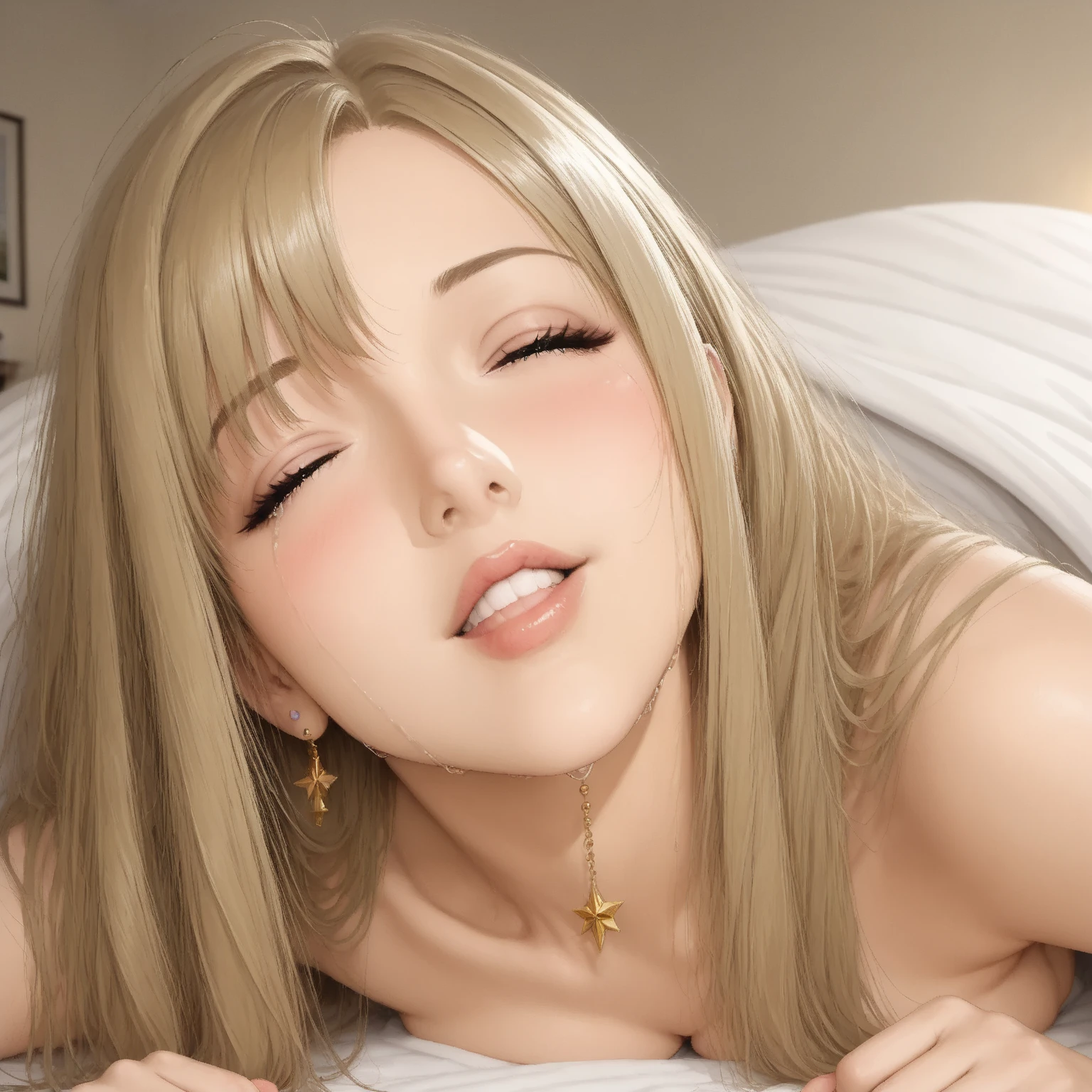 sexy beautiful woman lying on the bed、(((sweat))),Grinning smile、Little devil look、Seducing Woman、spread legs、light colored hair、dark room、薄dark room、room with lights off、woman sneaking into bed