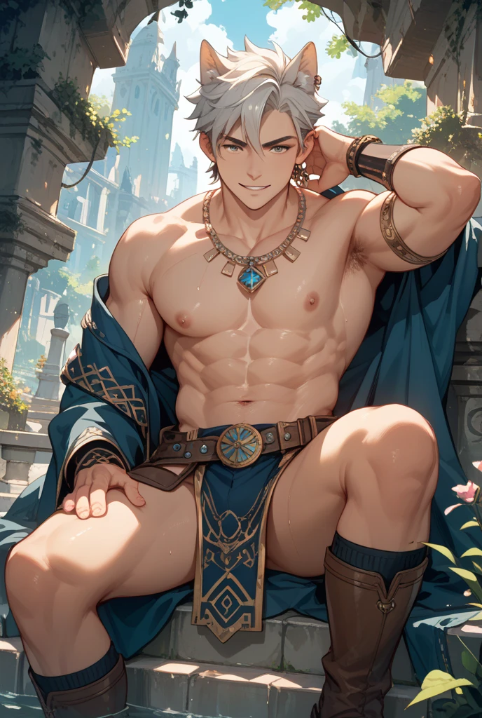 (masterpiece), best quality, ultra-detailed, illustration, warm lighting, fantasy, 1 boy, abs, light skin, detailed eyes, detailed face, ((silver hair, long hair, messy hair)) ((golden eyes, white pupils)), artstation, pixiv, gelbooru, strong arms, ((scars), ((broad torso, muscular)), old forest temple background, gentle expression, silver armor, ((tethered blue cape)), sitting down, resting on a broken pillar, baggy pants, fingerless leather gloves