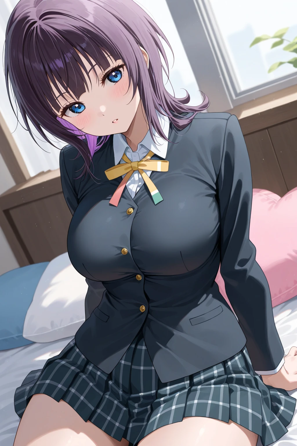 NSFW, (high resolution),(high resolution),(High definition),(8K), 1girl, yoshizuki_iori、School_uniform_Purple_shirt_Blue_skirt_White_neckerchief_Black_thighhighs、In the high school classroom, lying floor, spread legs, (((shirts lift))), (((show breasts)))