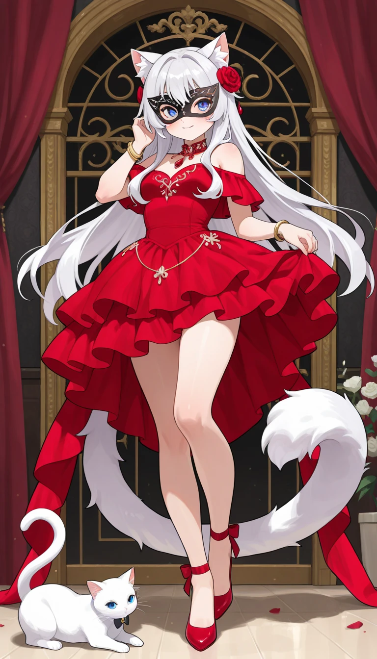 KitsunnyStarVTXL, animal ears, animal ear fluff, yellow eyes, white hair, long hair, sidelocks, hair between eyes, hair ornament, hair flower, hair bell, red choker bell, medium breasts, fox tail, tails, bare shoulders, cleavage, pink dress, red ribbon, pink skirt, frills, pink thighighs, shoes, solo, standing, looking at viewer, full body, standing