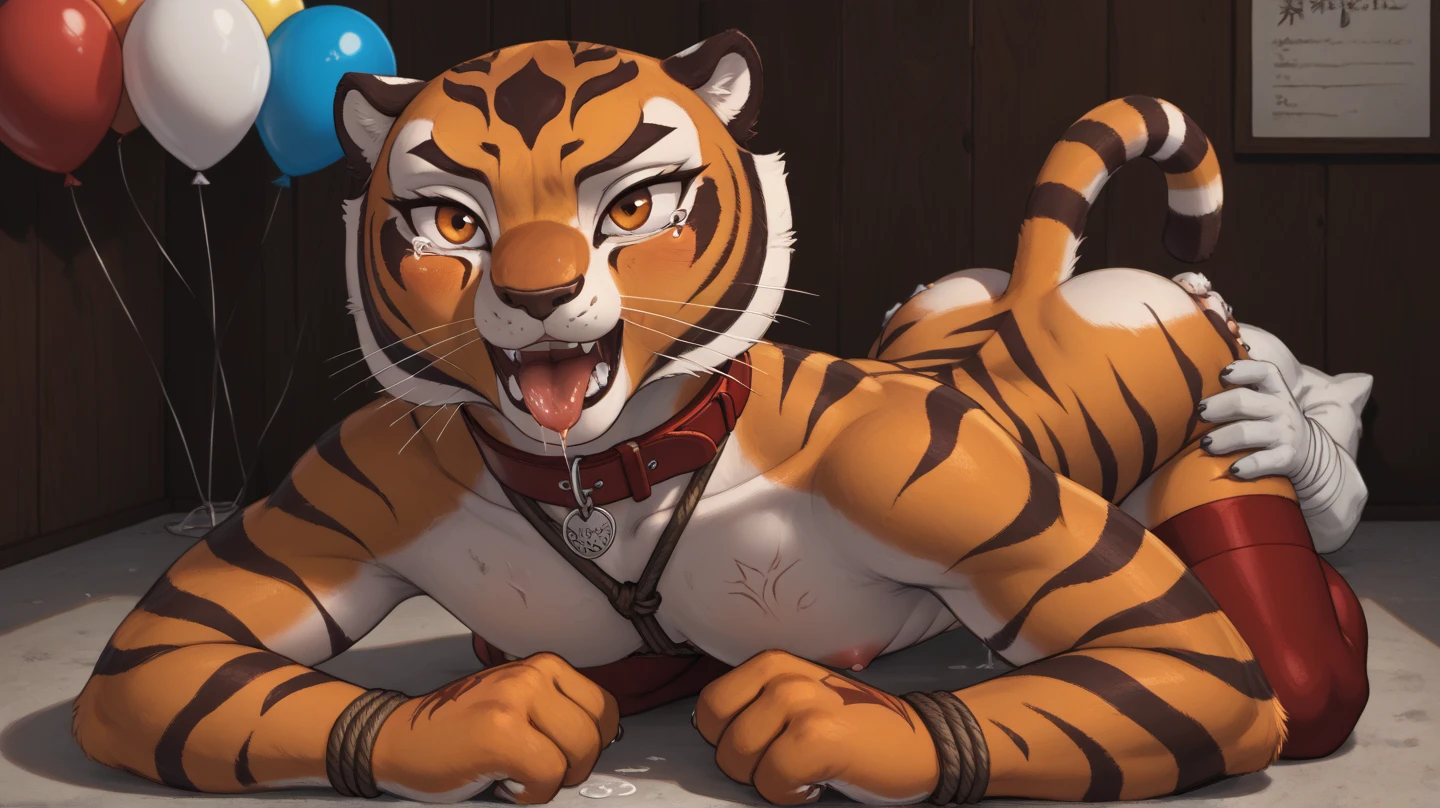 Tiger girl, sexy, sensual, uploaded to E621, beautiful and detailed portrait of an anthropomorphic tiger ((female))) uploaded to E621, ((by fluff-kevlar, by Zackary911, by Kenket, by Kilinah, by fluff-kevlar)), Brown hair, green eyes, nude, black high stockings, nipples, pussy, slim body, medium breasts, teenager ((18years)), solo, skinny body, bedroom, blush, embarrassed smile, long hair, penis, hetero, 1boy, fellatio, blowjob, felation, oral, solo focus, pov, half-closed eyes, looking at the viewer, crying, tears