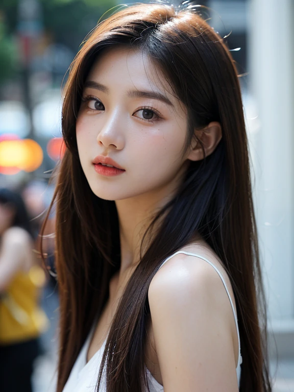 Photo of a beautiful Korean kpop idol woman, summer, , Color tone、Movie、Film Grain, 80 mm、emotion、Looking at the camera、Cover your face with your hands to block out the light、Realist、Masseter film