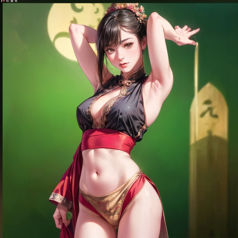 absurdres, RAW photo, extremely delicate and beautiful, masterpiece, Best Quality, ultra high resolution, 32k, hyperrealistic, ultra-detailed, in her 20s, delicate facial features, tearful mole, earring, medium breasts, ((full body shot)), shorter middle hair, black hair, ((jiangshi)), Spells with red letters on yellow,