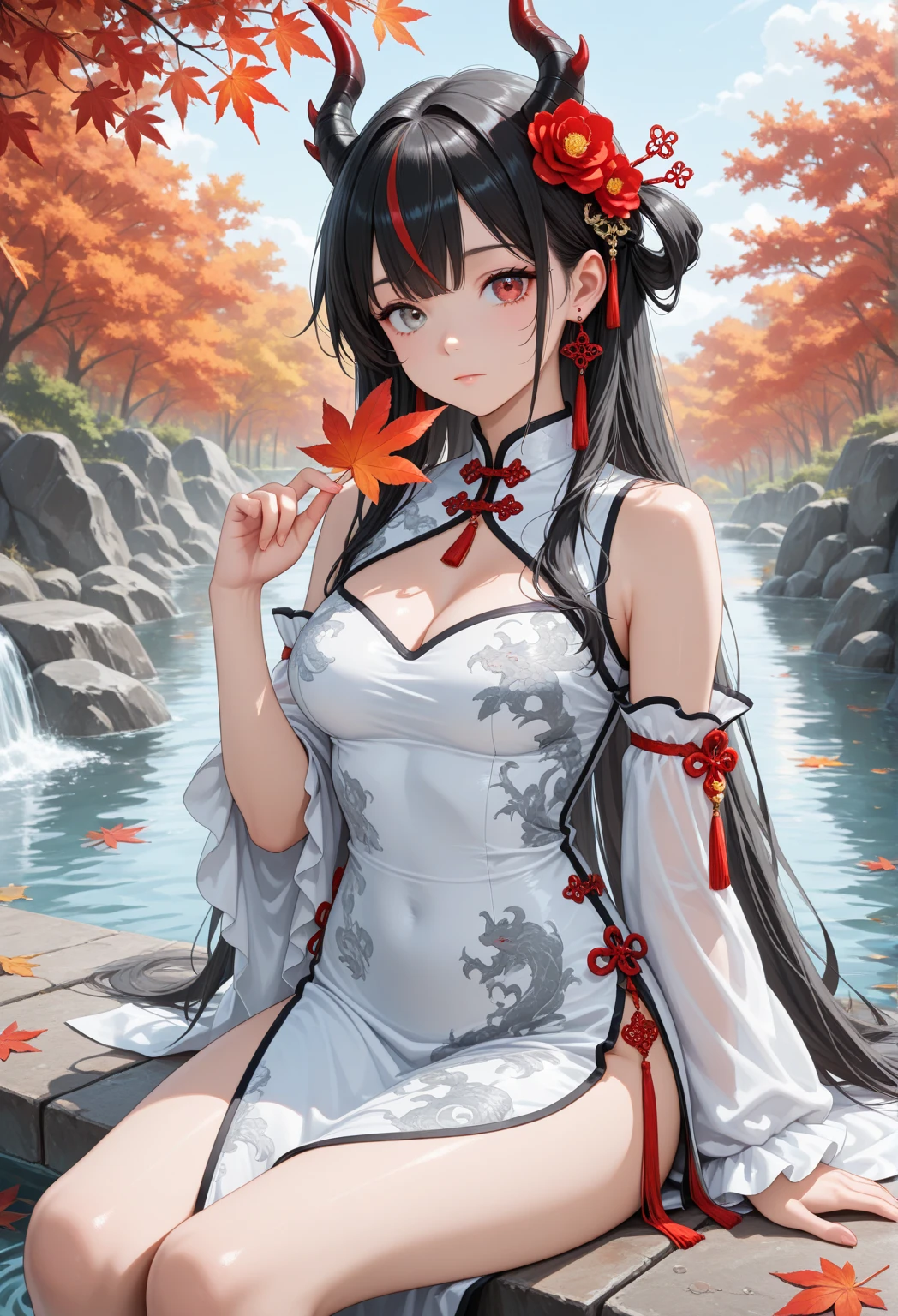 Beautiful Chinese girl，Wearing Hanfu，（transparent），Black long hair，watcher，Upper Body，Sitting on the grass，Lovely，A slight smile on the face，Perfect big breasts，（Slim legs:10.0)，Peerless Beauty，Wearing Chinese ancient jade hairpin jewelry，Red leg