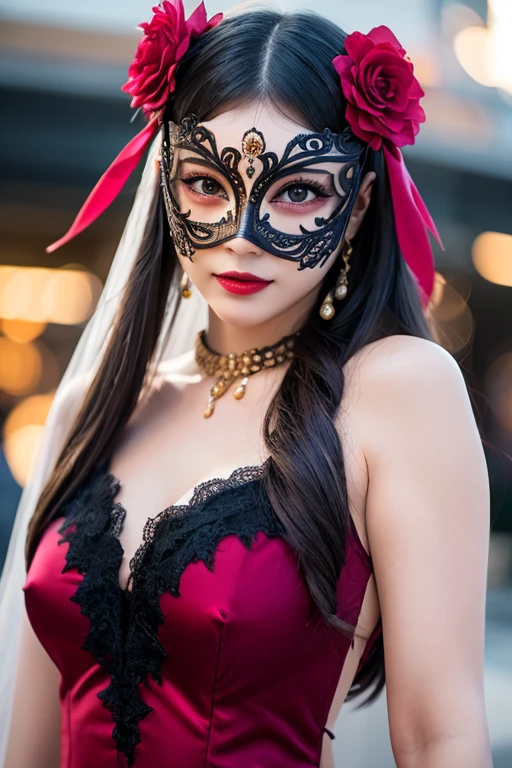 Create a full-body photo of a woman at a secret masquerade party. She is wearing an intricate Venetian mask and an elaborate costume, exuding elegance and mystery. Focus on her sophisticated appearance, highlighting her beautifully detailed eyes and lips. Ensure the face and features are meticulously detailed, with a complex mask design. The scene is set inside a bar with a modern interior and red lighting, creating a moody and enigmatic atmosphere. Use dramatic chiaroscuro lighting with rich shadows to enhance the cinematic quality. The lighting should be dim to emphasize the secretive feel. Ensure the image is of the highest quality, with 4k, 8k resolution, and a masterpiece level of detail. The style should be ultra-detailed, realistic, and photorealistic, with a rich, refined, and captivating color palette. Avoid including any cold masks or mouth masks in the design