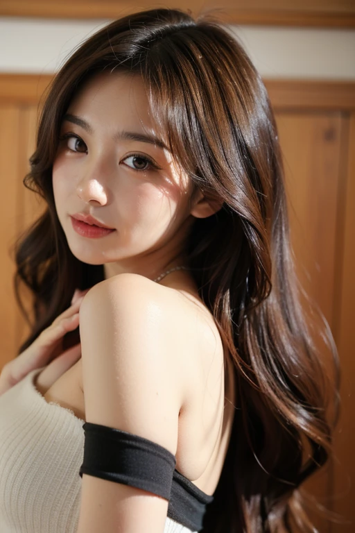 ((Full Body Angle))、((highest quality, 8K, masterpiece: 1.3)), concentrated: 1.2, Cute girl 1,Nipples erect、 Perfect beauty: 1.4, women's tank tops Raglan sleeve summer short sleeve : 1.2,Long sleeve、glasses,Randall Color、comics＆Text Graphics、Black ruffle-trimmed drawstring zip blouse,1.1, Highly detailed face and skin textures, Fine grain, double eyelid, whitening skin, ,highest quality,Ultra-high resolution,you,1 girl,alone,_Shiny_skin,Iris,necklace,((Brown_length_Wavy_hair)),(lips)),eyelash,Front hair,deal with,compensate,Shiny,pore,skin texture,Large Breasts、smiling face、