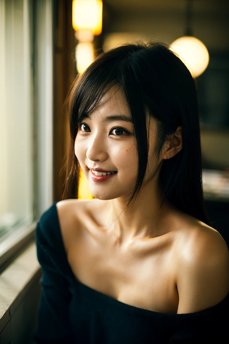 masterpiece,best quality,(Japanese ),((Beautiful girl)),cleavage,indoor,(perfect body beauty:1.2),(shy smile),beautiful teeth,