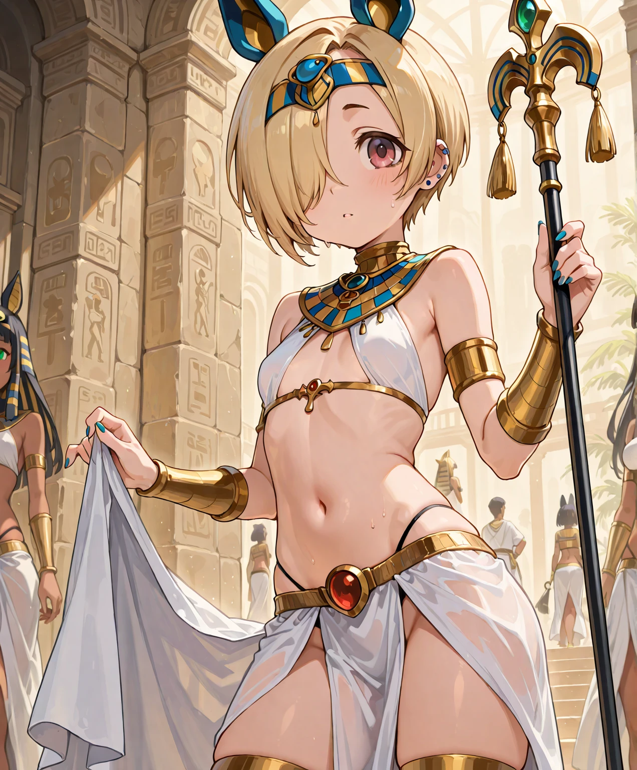 Koizumi hanayo, bangs, beautiful, beautiful woman, perfect body, pov,from below,beautiful female model,facial details,(sedative:1.2),glowing eyes,detailed body part details,looking at viewer,arrogant,(one hand on hip one hand on hair),thighs,navel,midriff,cleavage,(exposed crotch:1.3),(golden exposing Egyptian dress), underwear,tiara,in Egyptian desert,sun and pyramid in background.