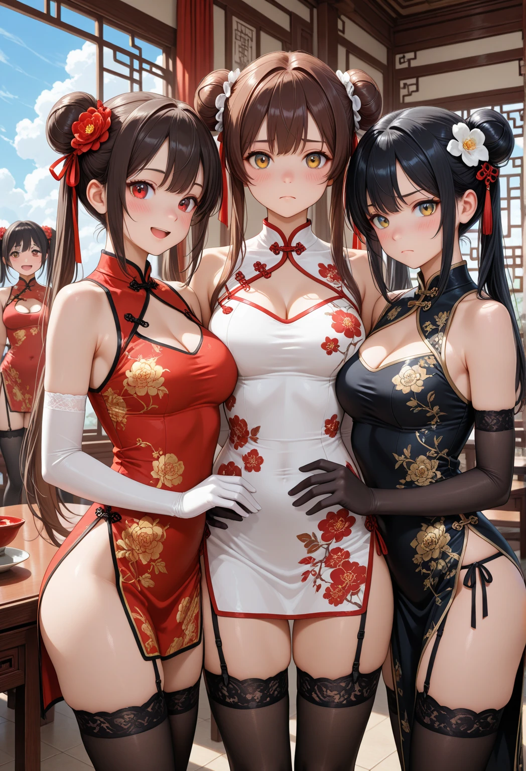 100girls,crowded, long hair, brown hair, curly hair, hazel eyes,chinese dress,sexy,