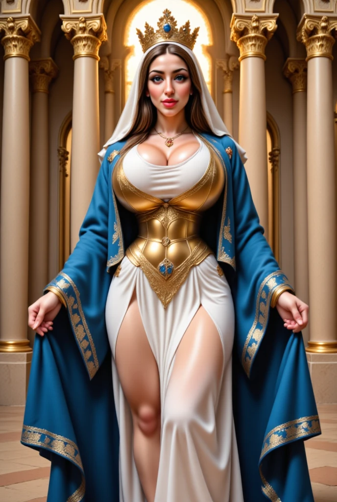 Beauty contest stage, (alluring long white form fitting gown slit up the side:1.3) with (long blue flowing ribbons and a bow:1.3), (Gold Tiara with diamonds:1.3), smiling, beautiful, thin, (large breast:1.1), voluminous blonde hair, beautiful detailed bright blue eyes, detailed realistic skin, detailed hands, smiling, happy, (portrait style), (beautiful large ornate diamond necklace and bracelet:1.3), ultra realistic, 8k, vibrant colors, sharp crisp details.