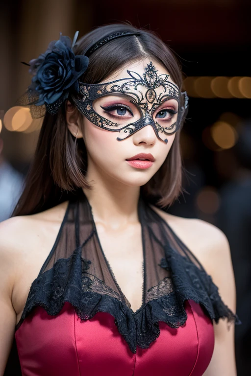 Create a full-body photo of a woman at a secret masquerade party. She is wearing an intricate Venetian mask and an elaborate costume, exuding elegance and mystery. Focus on her sophisticated appearance, highlighting her beautifully detailed eyes and lips. Ensure her face and features are meticulously detailed, with a complex mask design. The scene is set inside a bar with a modern interior and red lighting, creating a moody and enigmatic atmosphere. Use dramatic chiaroscuro lighting with rich shadows to enhance the cinematic quality. The lighting should be dim to emphasize the secretive feel. Ensure the image is of the highest quality, with 4k, 8k resolution, and a masterpiece level of detail. The style should be ultra-detailed, realistic, and photorealistic, with a rich, refined, and captivating color palette. Exclude any cold masks or mouth masks from the design.
