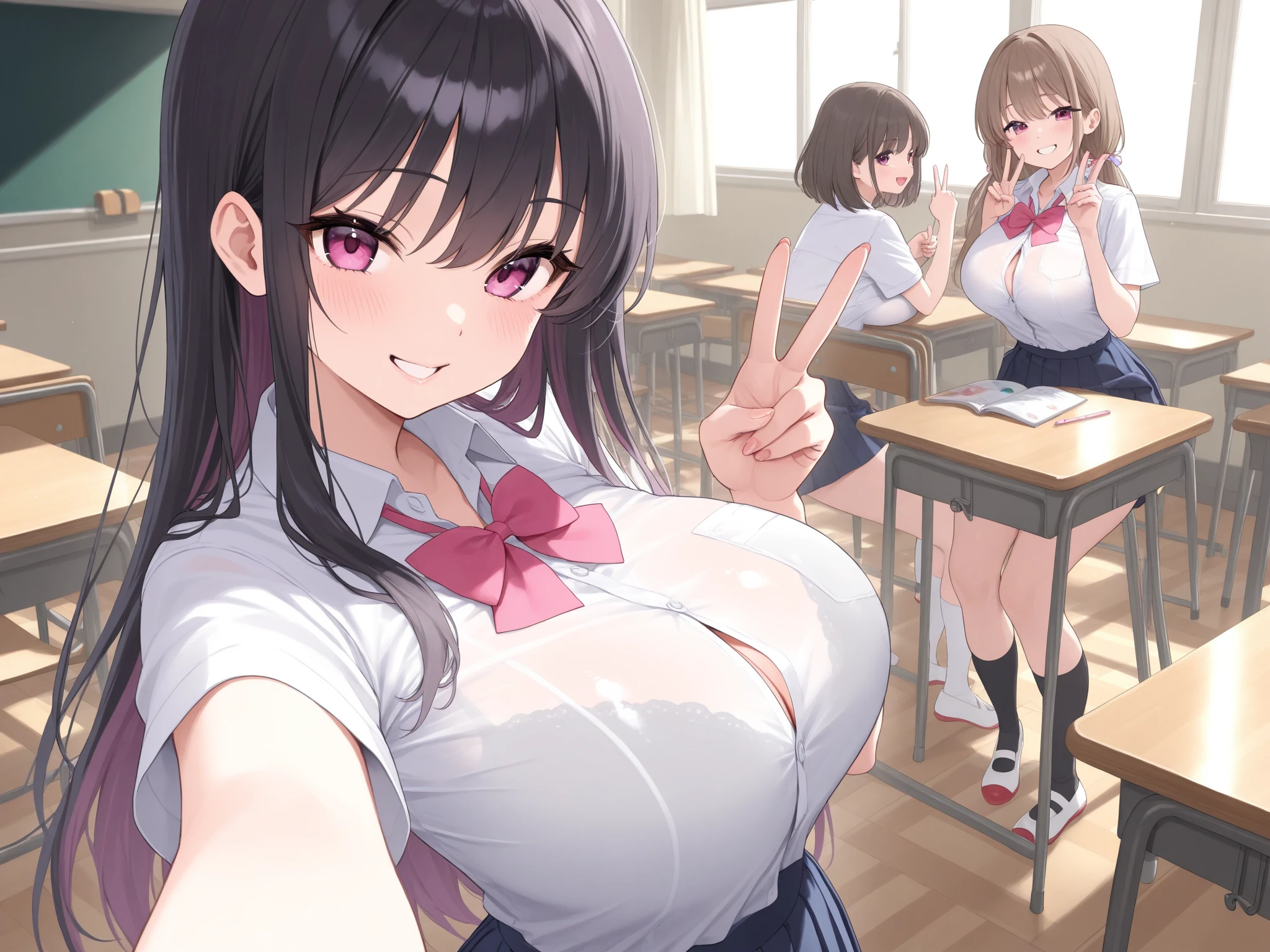 (highest quality), (masterpiece), 1080p, hd, 4k, 8K, 4 girls,  on tray,  rest, tray,  out, classroom, , holding, holding tray, blush, upper body, , , embarrassed, ((BODY OIL)), ((Sweat)), ((panties)), Maid, frill on the neck, Are standing, classroom, Shoulder , ((cleavage)), open mouth, fang teeth, panicked face, exposing , small , Low angle,  black hair,  blunt bangs, Thigh-high socks, 18-year-old,