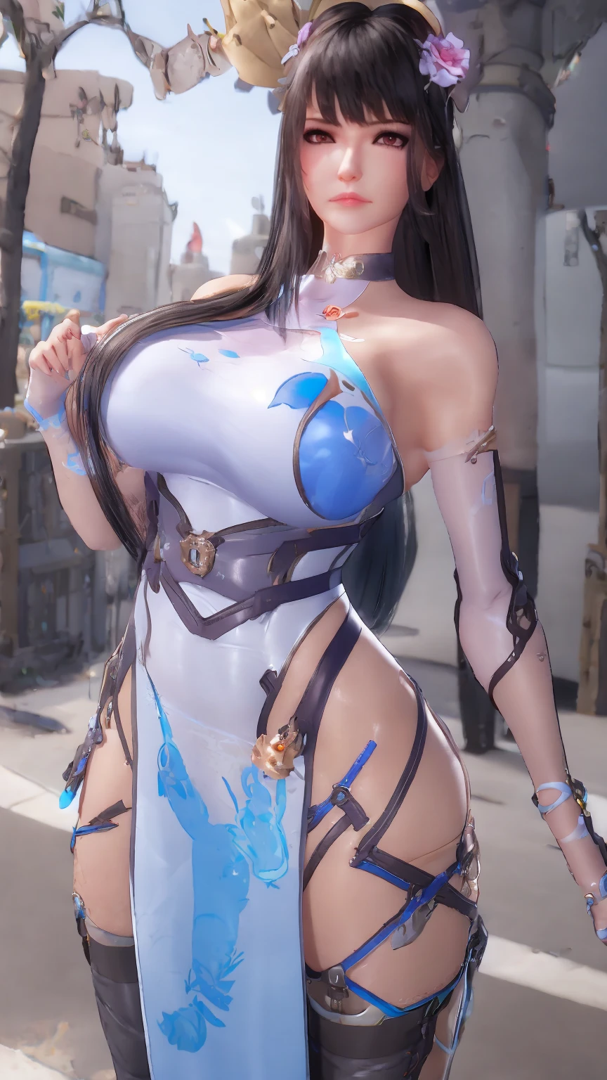 ((Unreal Engine 5)), Realistic Rendering, Excellent, ((mecha)), (Yoga Pants), looking on viewer, Dynamic pose, cyberpunk city, beautiful face, makeup, (photorealism:1.2), ultrarealistic uhd face, (huge fake boobs:1.4), (gigantic breasts:1.1), (muscle abs), (big butt), (wide hips), (thick thighs), slim waist, hourglass figure, full body, ((glowing skin)), ((shiny skin)), Realistic body, ((she is sexy)), ((clean skin)), photorealistic, bokeh, masterpiece, highres, 1080P.